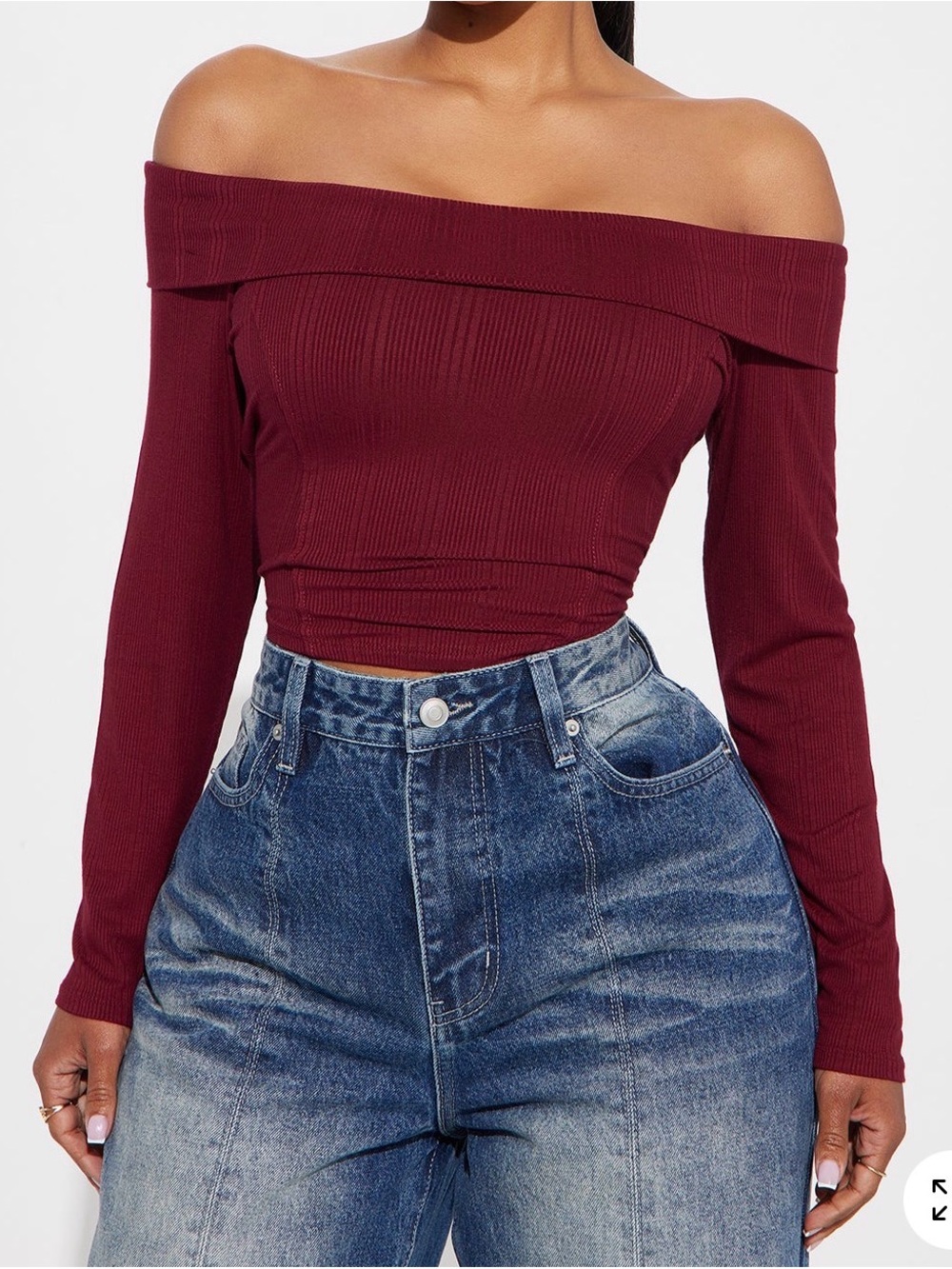 Off-the-Shoulder Ribbed Long Sleeve Top in Burgundy